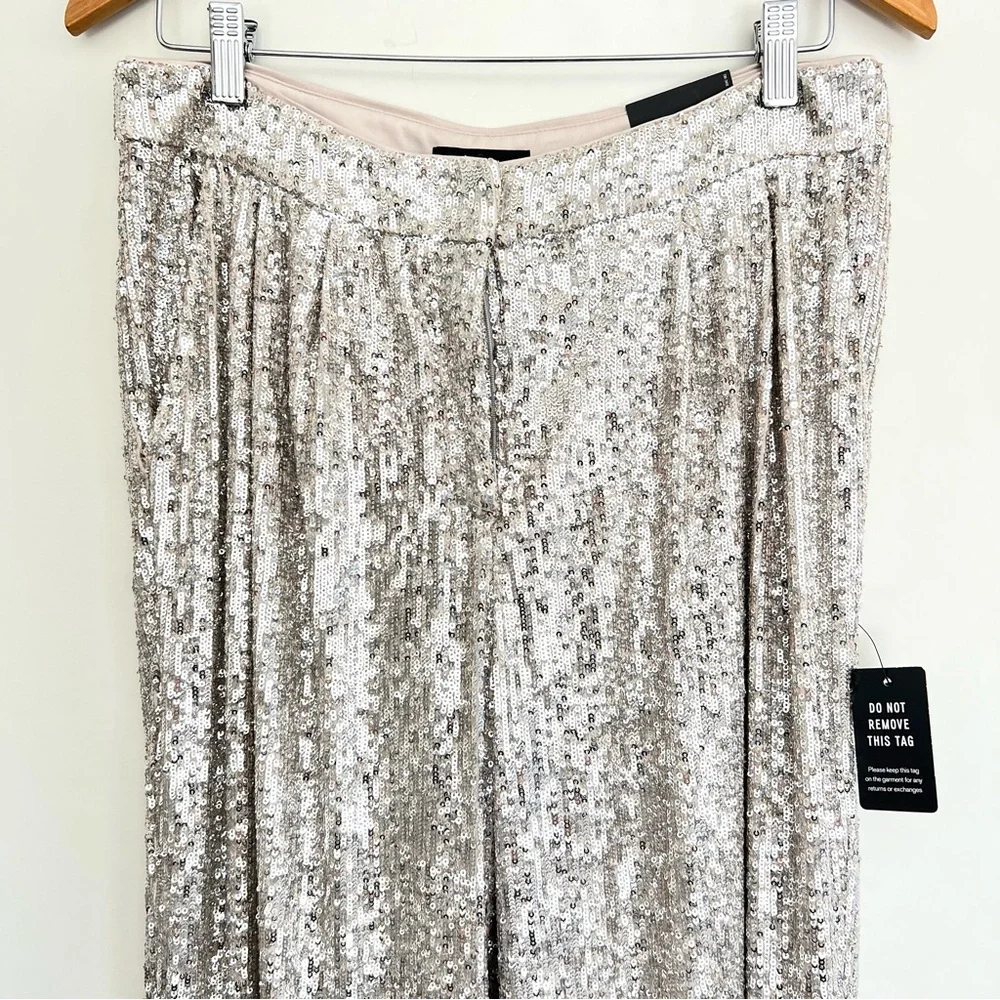 ♦️SOLD♦️EXPRESS Sequined Pleated High Rise Cropped Wide Leg Trousers Pants Sz M - Picture 4 of 16